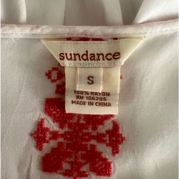 Sundance Cream Red Embroidered Boho Midi High Lo Summer Flowy Peasant Dress sz S - Picture 14 of 14